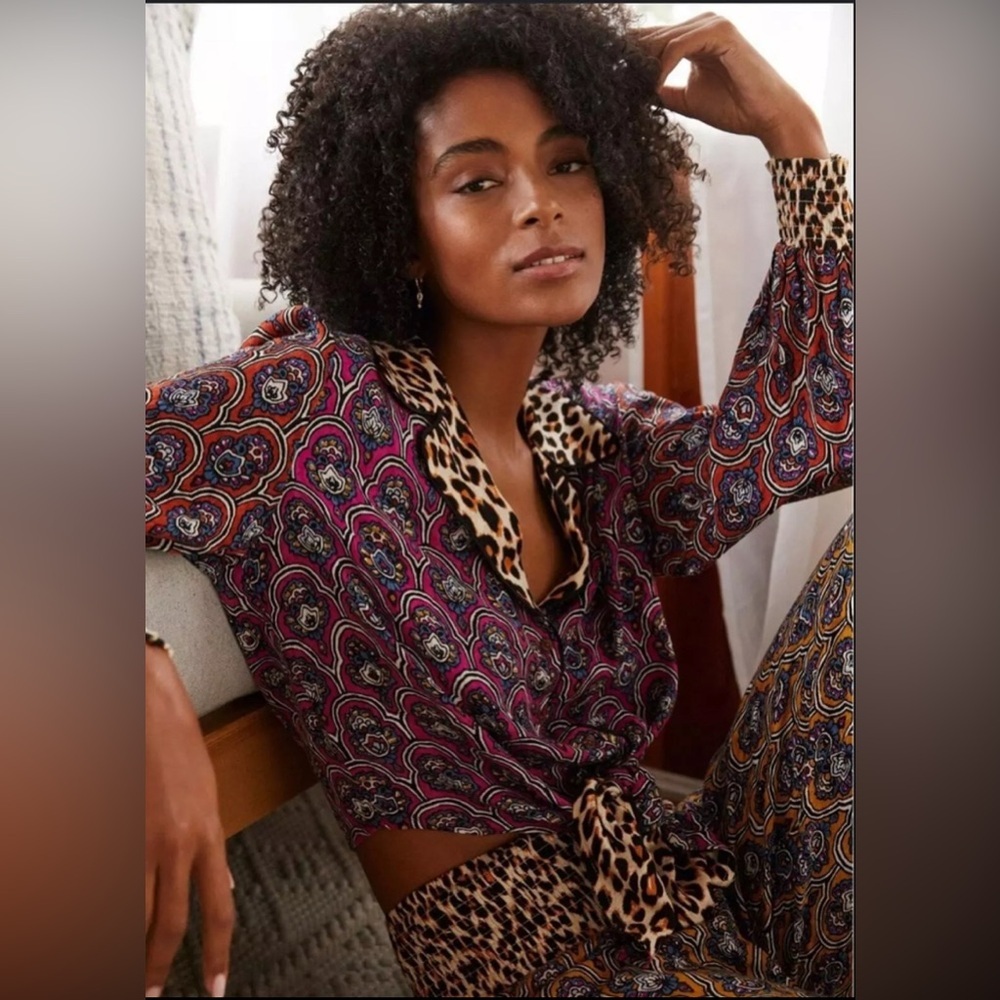 Anthropologie Printed Button-Front Top in Magenta and Leopard